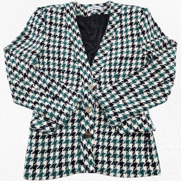 Vintage 80s Ann Taylor Green Black Wool Houndstooth Blazer Gold Buttons Size 2 - Picture 2 of 10